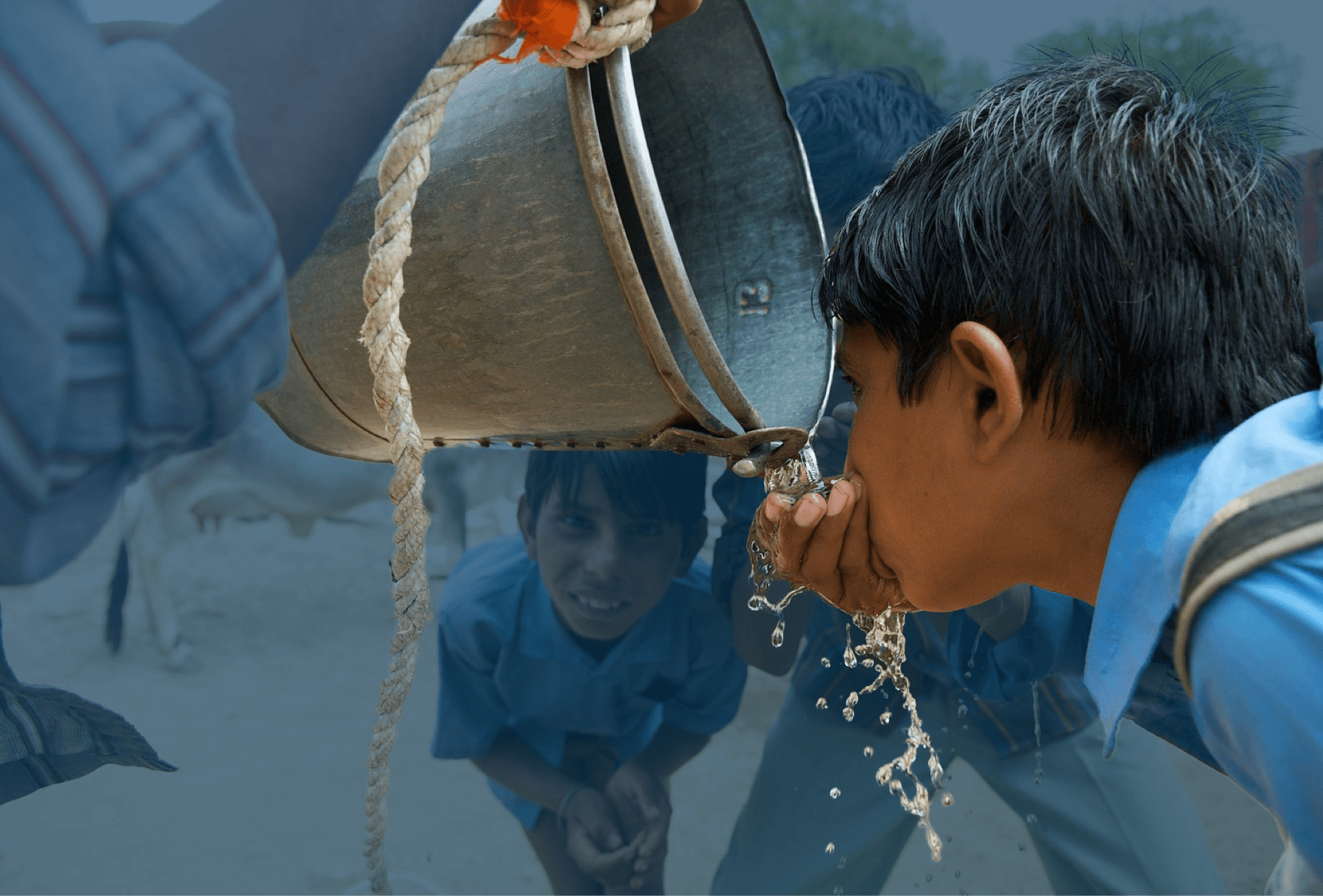 Child drinking water from a bucket