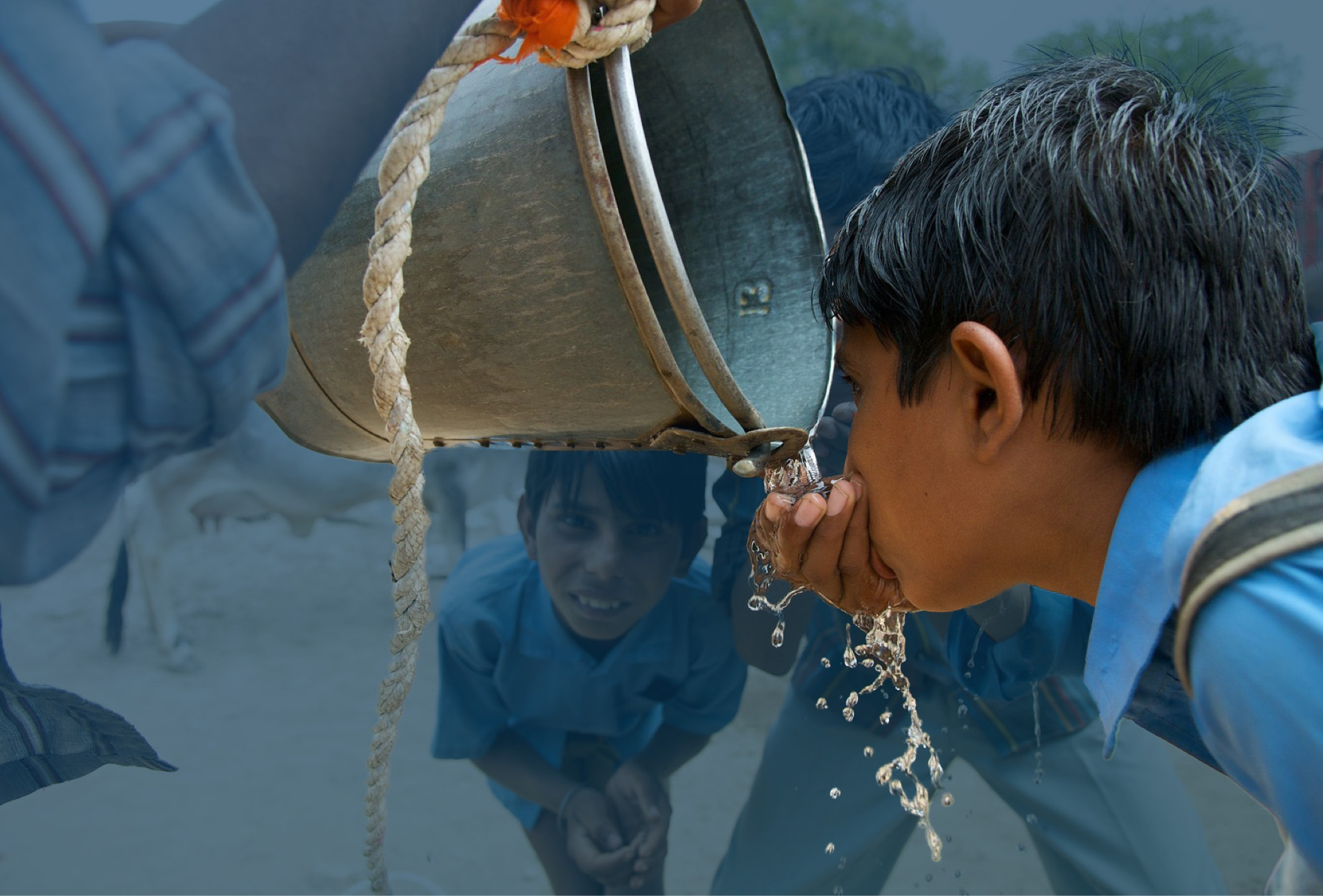 Child drinking water from a bucket